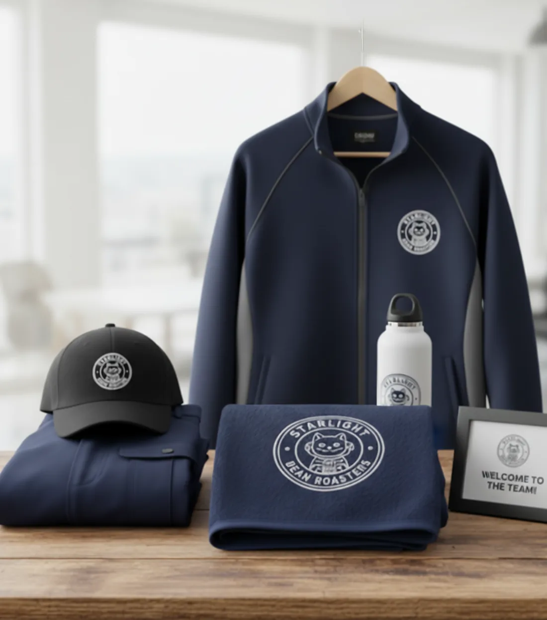 Embroidered jacket, cap, bottle and notebook in a welcome kit